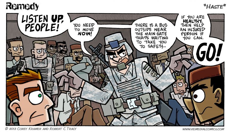 Remedy :: Corey here... blue forty two... blue forty two... hutt! Hutt! Sorry... I don't know sports... but this reminded me of a football huddle.
