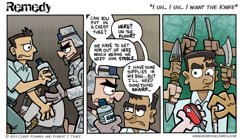 Remedy :: Corey here... I'm not that familiar with it, but today's title and knife gag come from the Eddie Murphy movie 'The Golden Child.' The ornate dagger to our makeshift medic's head in panel three is actually the dagger in question from the film. More or less.