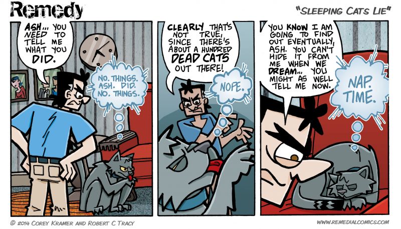 Remedy :: Corey here... my cat Zester often sits next to my drawing table as I complete these strips as he takes his naps... he never tells me the trouble he gets into either.